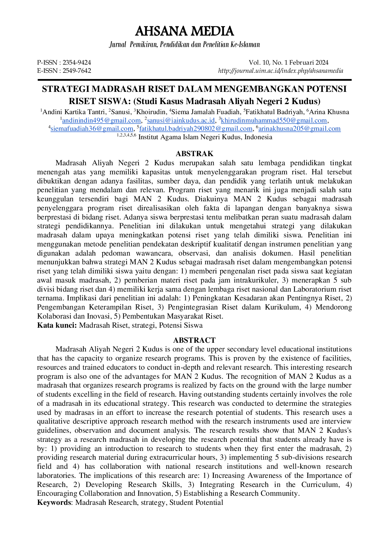 JURIS STRATEGI MADRASAH RISET DALAM MENGEMBANGKAN POTENSI RISET SISWA Studi Kasus Madrasah Aliyah Negeri 2 Kudus