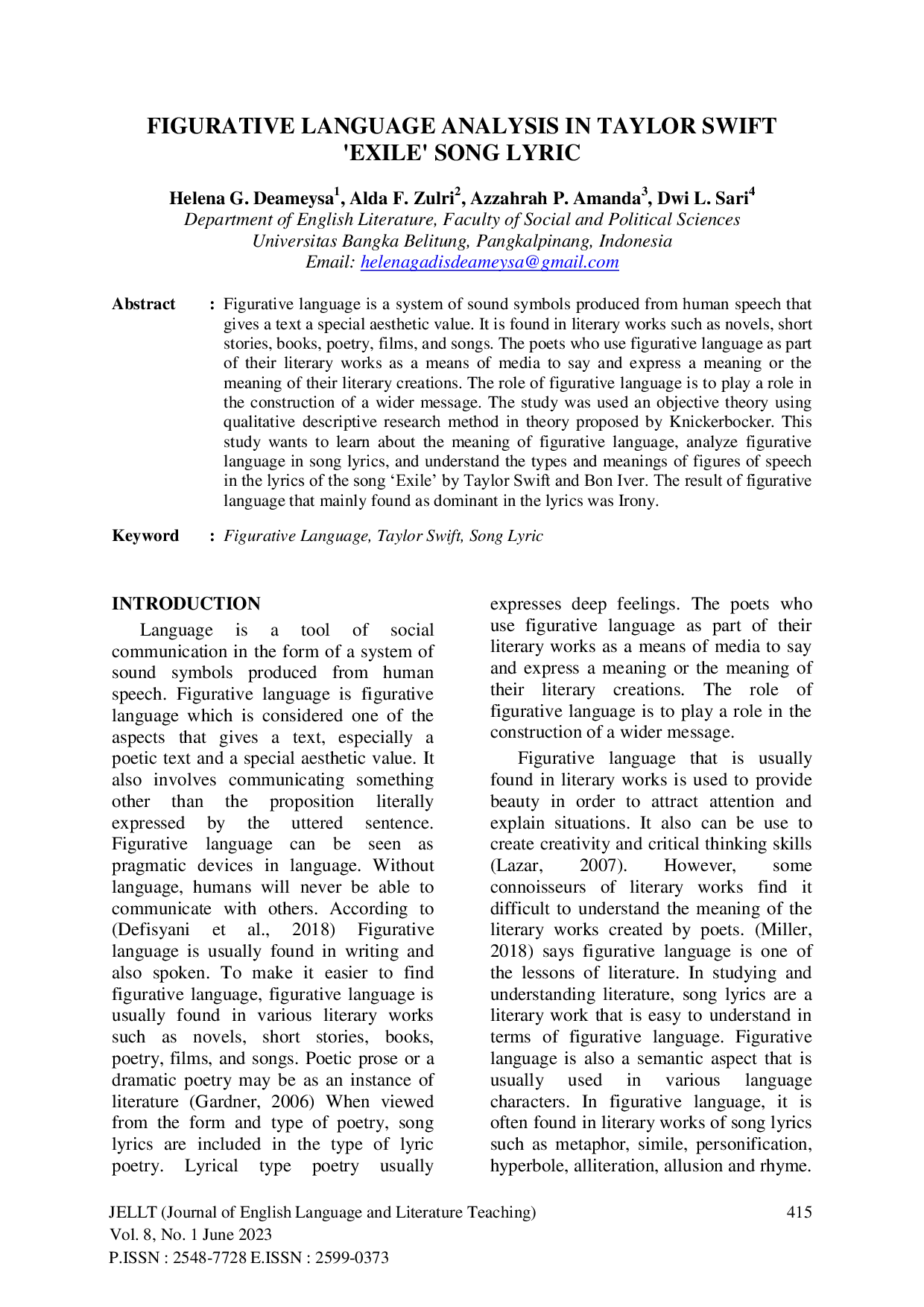 JURIS Figurative Language Analysis In Taylor Swift Exile Song Lyric