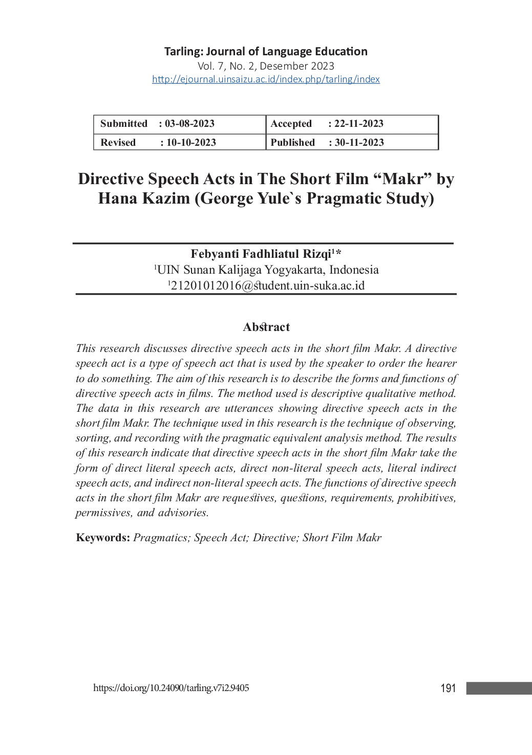 JURIS Directive Speech Acts in The Short Film Makr by Hana Kazim George Yule s Pragmatic Study