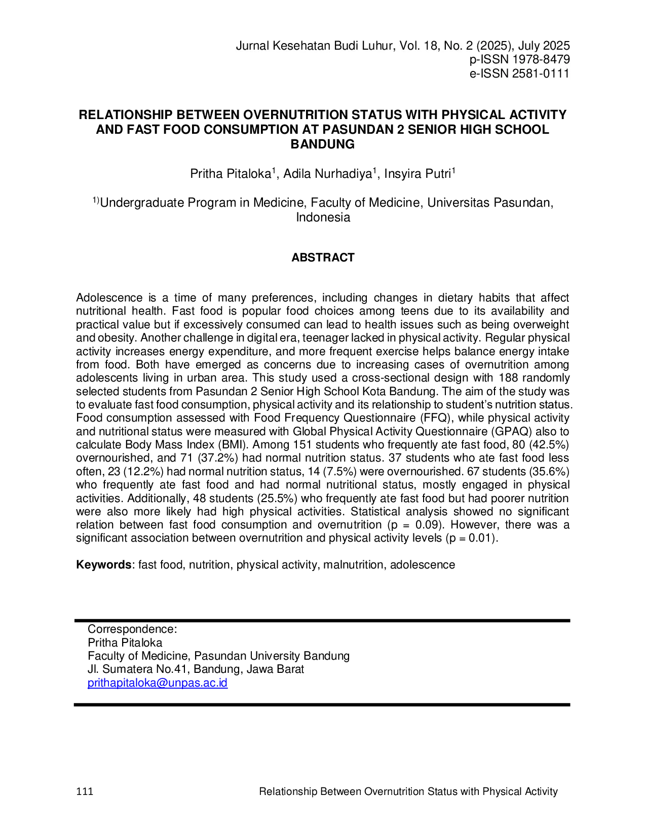 JURIS Relationship Between Overnutrition Status with Physical Activity and Fast Food Consumption at Pasundan 2 Senior High School Bandung