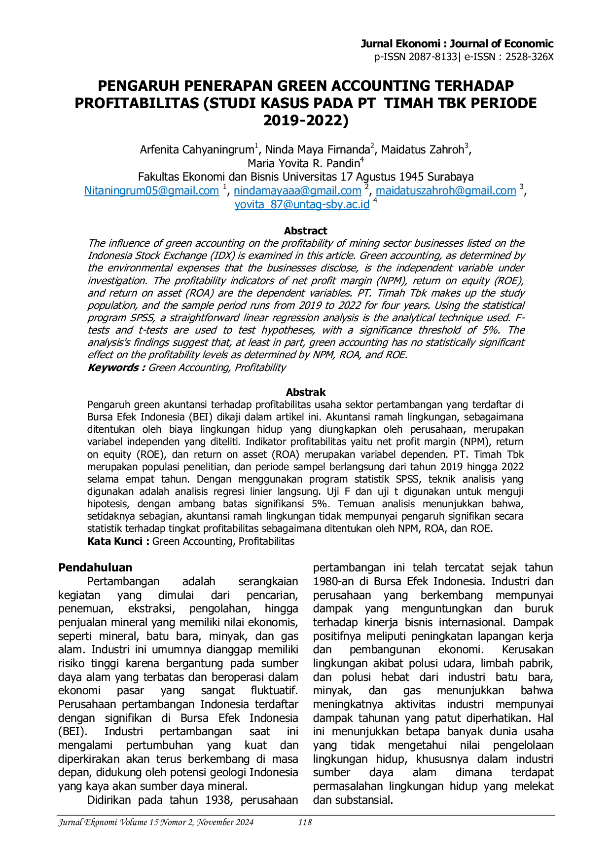 JURIS Pengaruh Penerapan Green Accounting Terhadap Profitabilitas Studi Kasus Pada PT Timah Tbk Periode 2019 2022