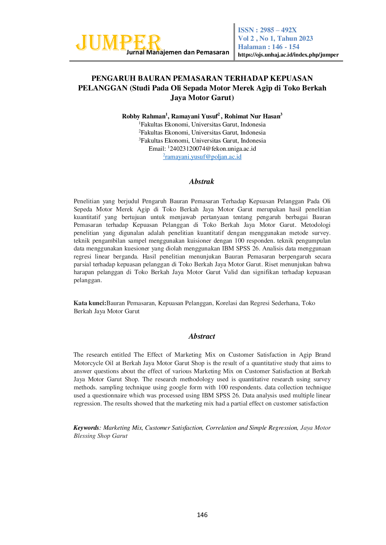 JURIS Pengaruh Bauran Pemasaran Terhadap Kepuasan Pelanggan Studi Pada Oli Sepada Motor Merek Agip di Toko Berkah Jaya Motor Garut