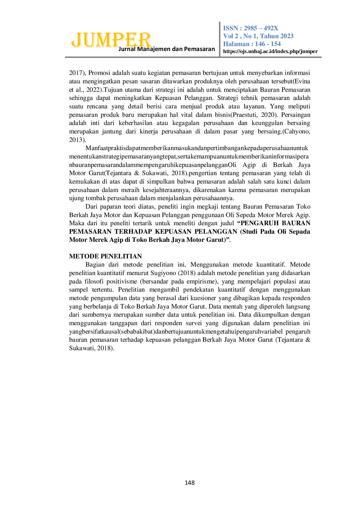 JURIS Pengaruh Bauran Pemasaran Terhadap Kepuasan Pelanggan Studi Pada Oli Sepada Motor Merek Agip di Toko Berkah Jaya Motor Garut
