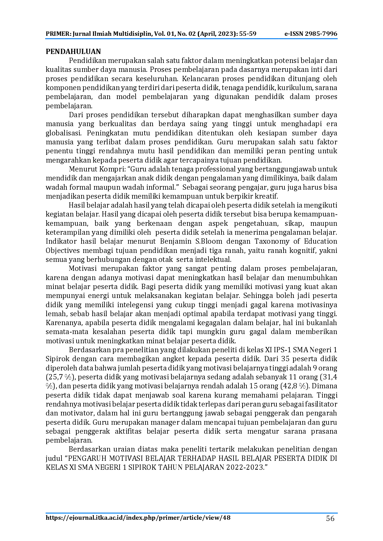 juris Pengaruh Motivasi Belajar Terhadap Hasil Belajar Peserta Didik di Kelas XI SMA Negeri 1 Sipirok Tahun Pelajaran 2022 2023
