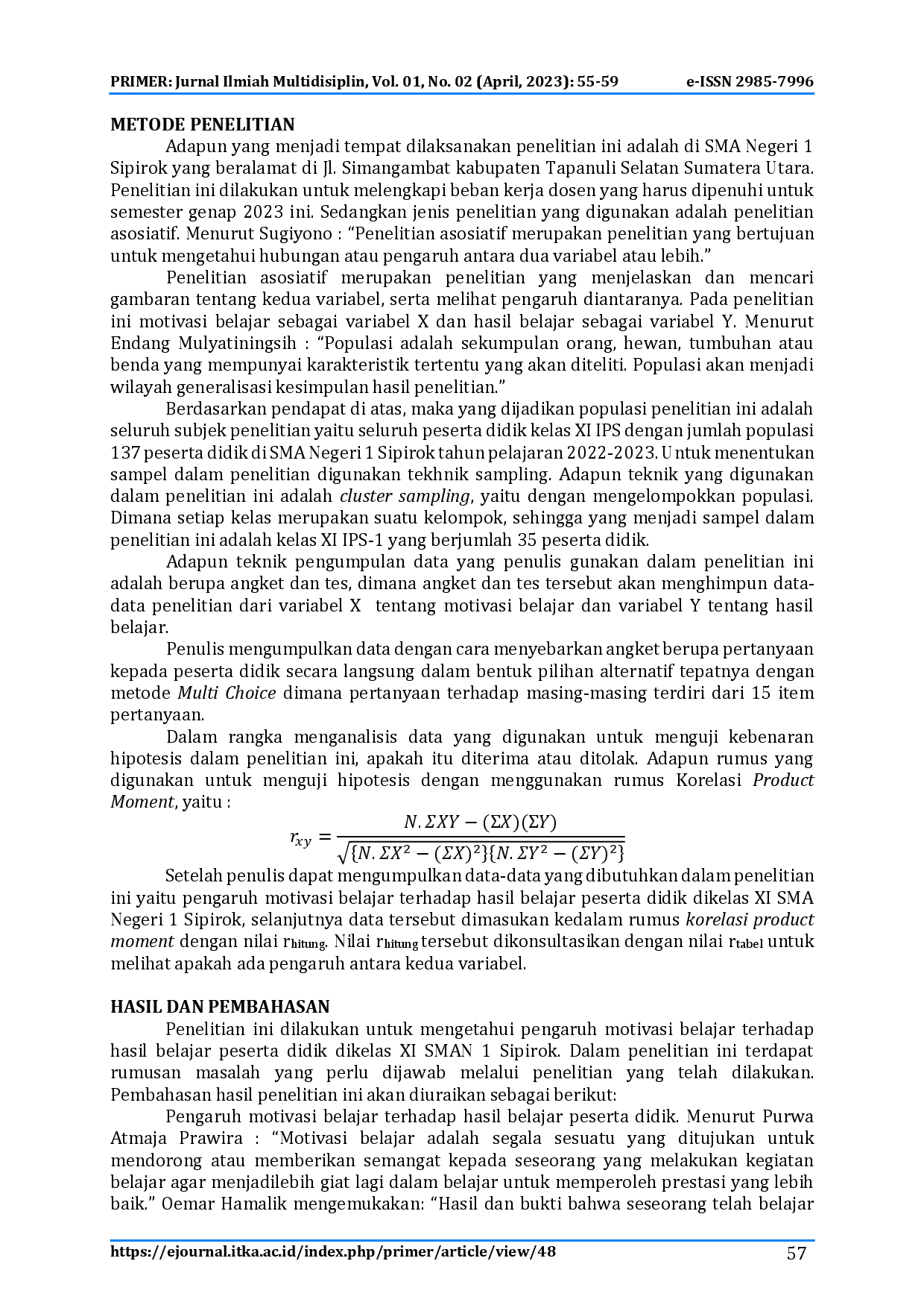 juris Pengaruh Motivasi Belajar Terhadap Hasil Belajar Peserta Didik di Kelas XI SMA Negeri 1 Sipirok Tahun Pelajaran 2022 2023