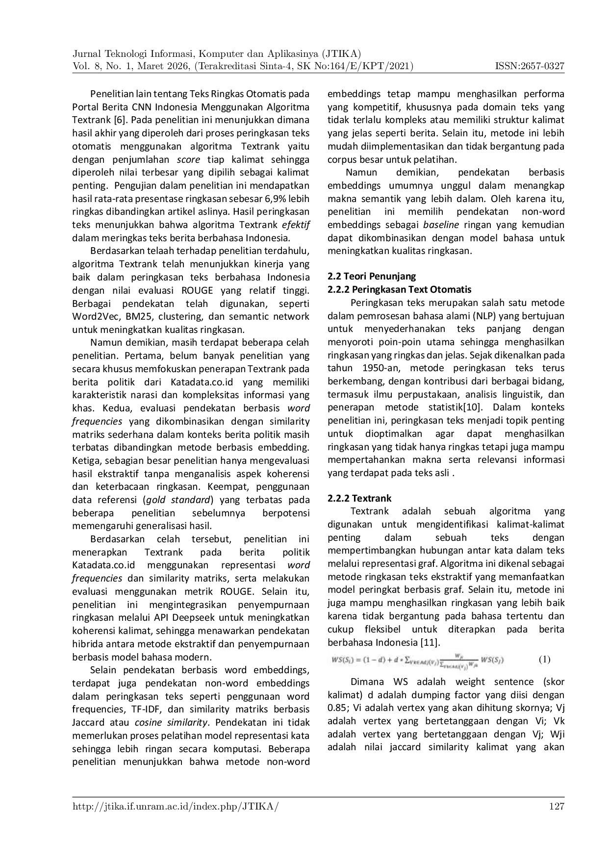 JURIS Penggunaan Algoritma Textrank Untuk Peringkasan Otomatis Berita Bahasa Indonesia