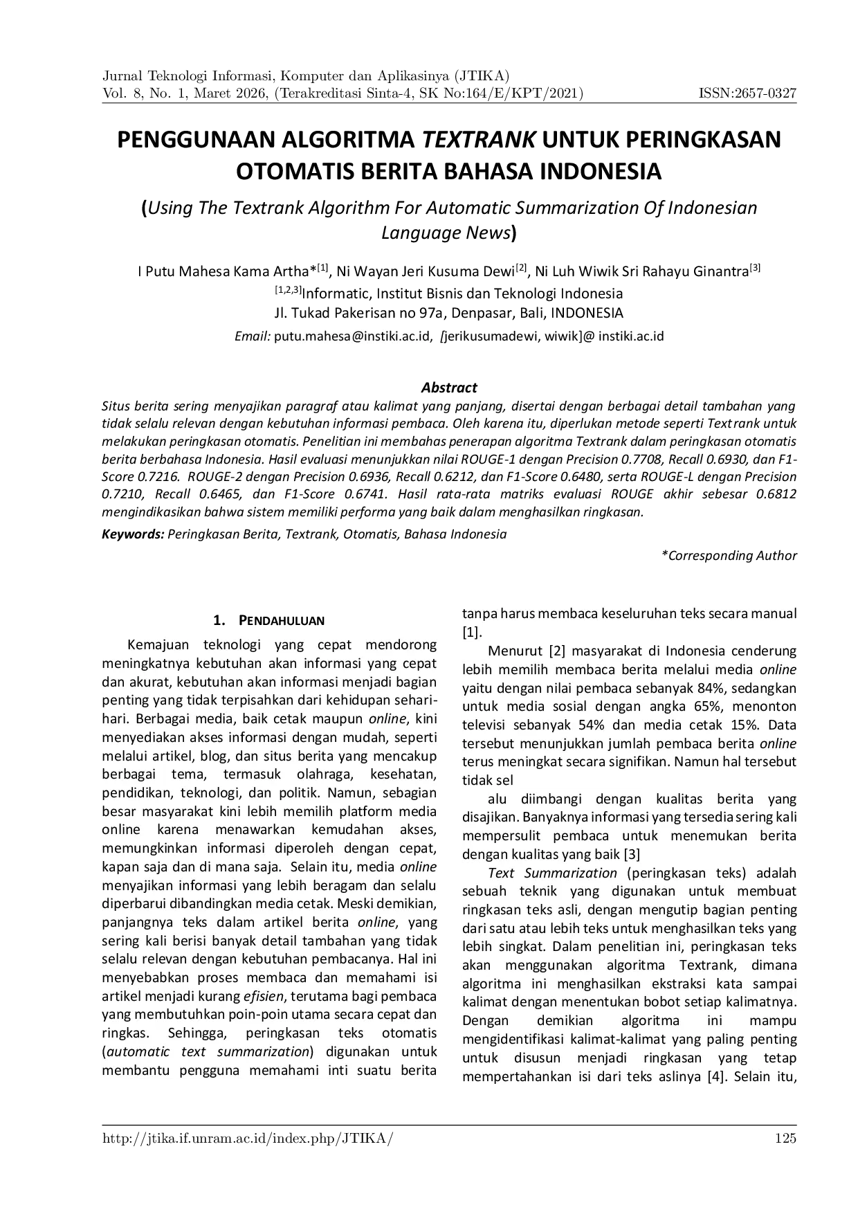 JURIS Penggunaan Algoritma Textrank Untuk Peringkasan Otomatis Berita Bahasa Indonesia