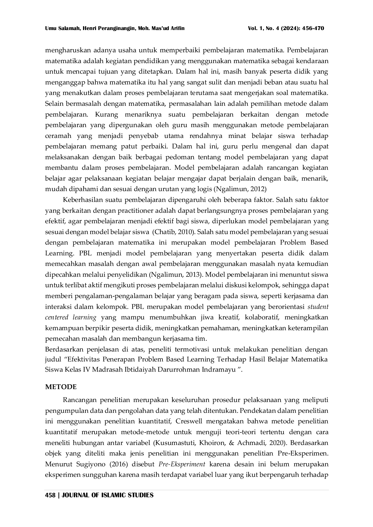 JURIS Efektivitas Penerapan Problem Based Learning Terhadap Hasil Belajar Matematika Siswa Kelas IV Madrasah Ibtidaiyah Darurrohman Indramayu