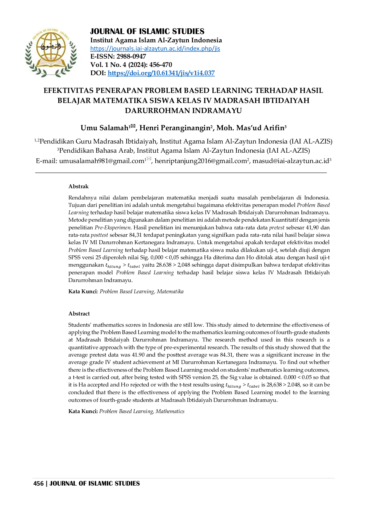 JURIS Efektivitas Penerapan Problem Based Learning Terhadap Hasil Belajar Matematika Siswa Kelas IV Madrasah Ibtidaiyah Darurrohman Indramayu