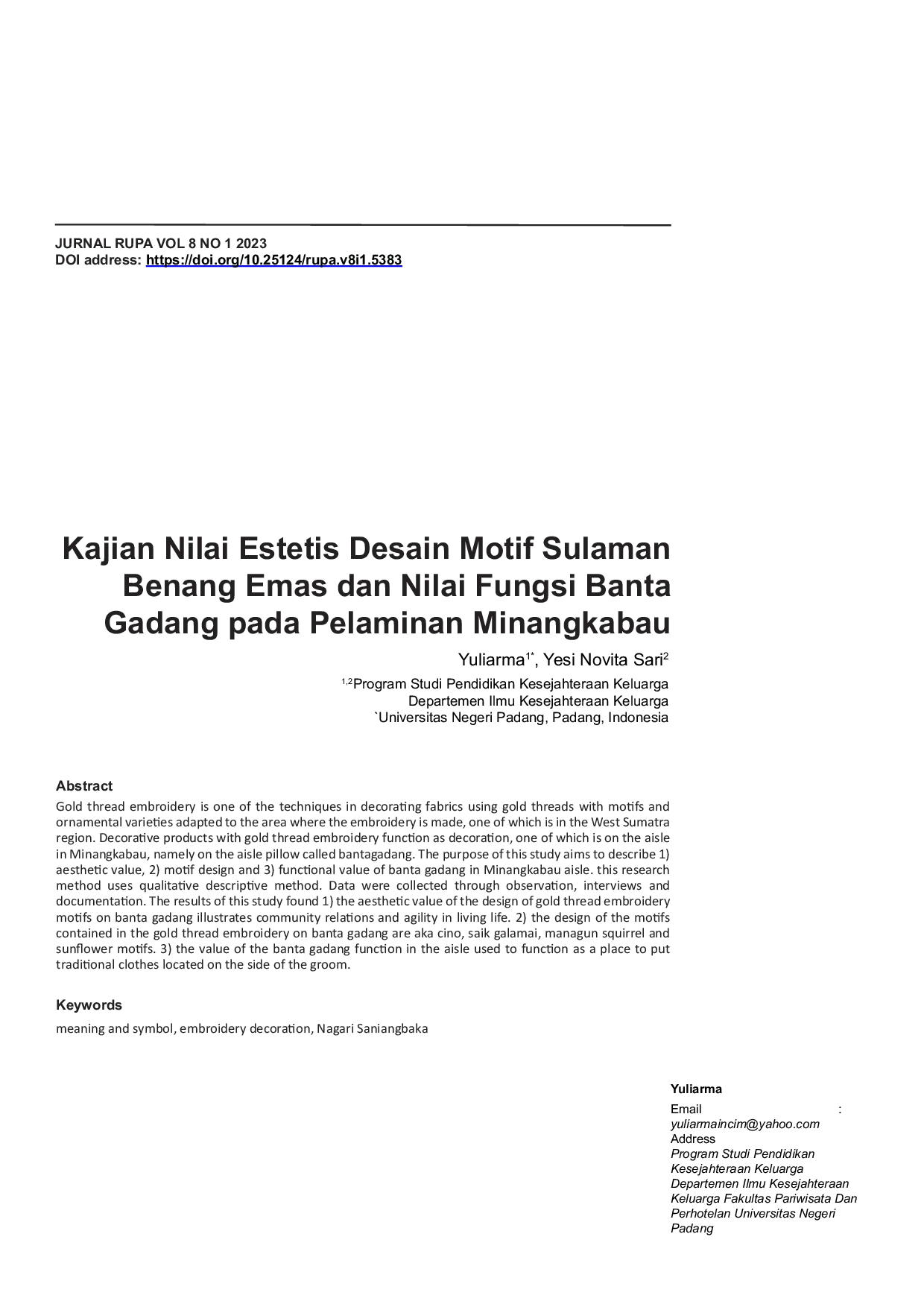 JURIS Kajian Nilai Estetis Desain Motif Sulaman Benang Emas dan Nilai Fungsi Banta Gadang pada Pelaminan Minangkabau
