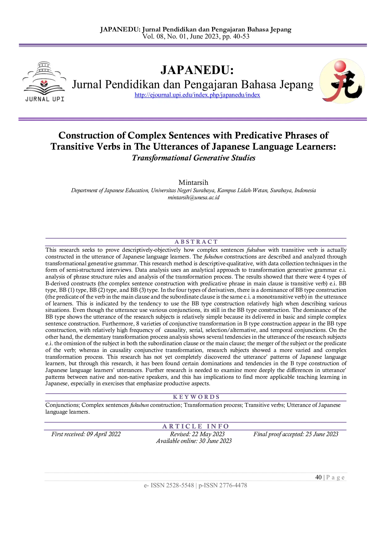 JURIS The Construction of Complex Sentences with Predicative Phrases of Transitive Verbs in Japanese Language Learners Utterances A Transformational Generative Grammar Study