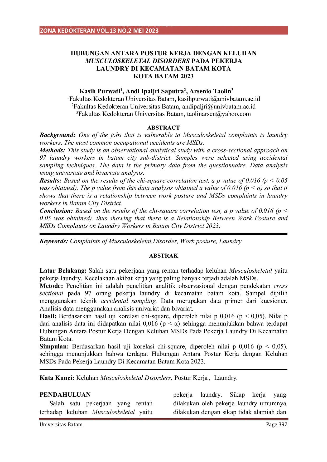 JURIS Hubungan Antara Postur Kerja dengan Keluhan Musculoskeletal Disorders pada Pekerja Laundry di Kecamatan Batam Kota