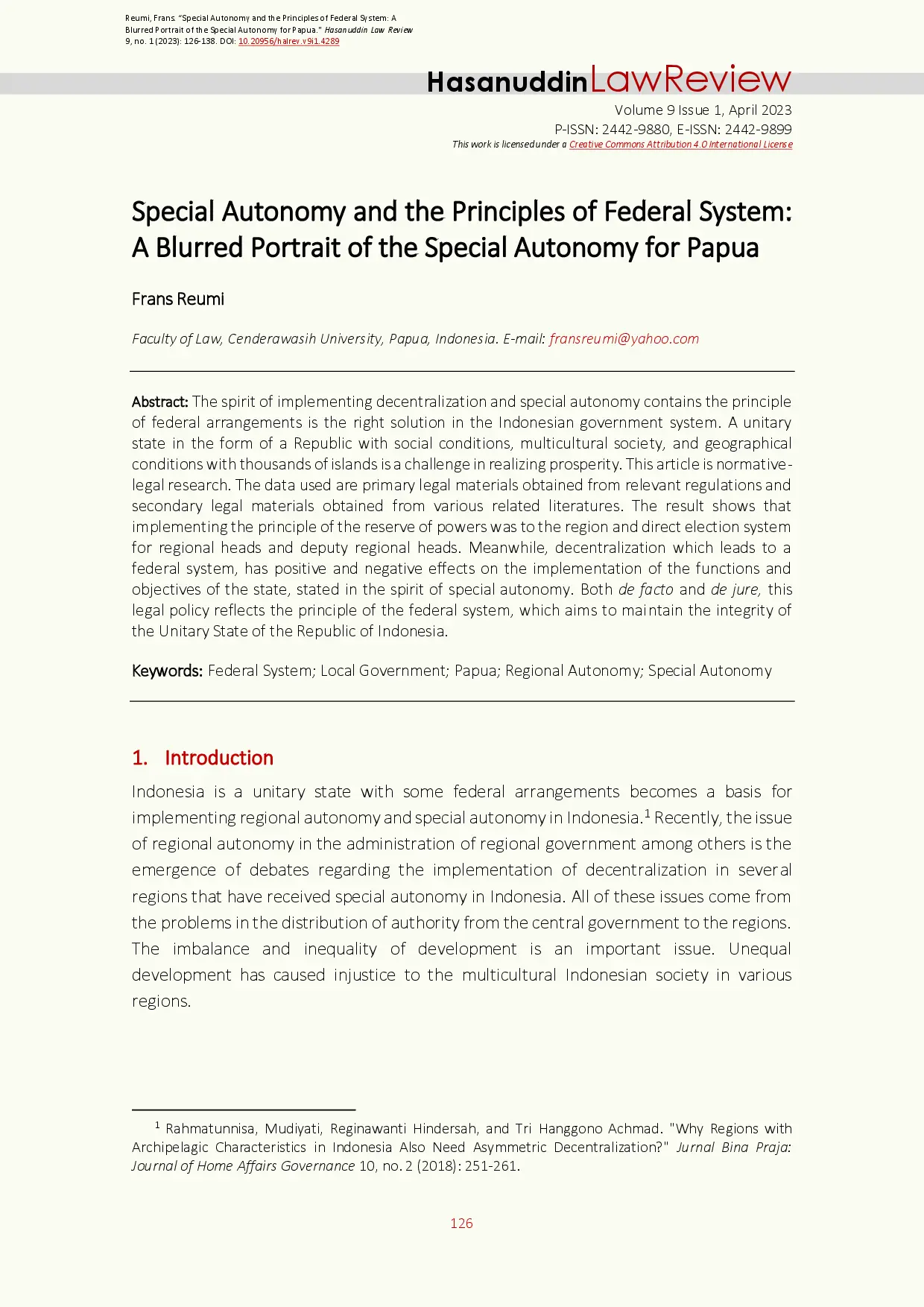 juris Special Autonomy and the Principles of Federal System A Blurred Portrait of the Special Autonomy for Papua