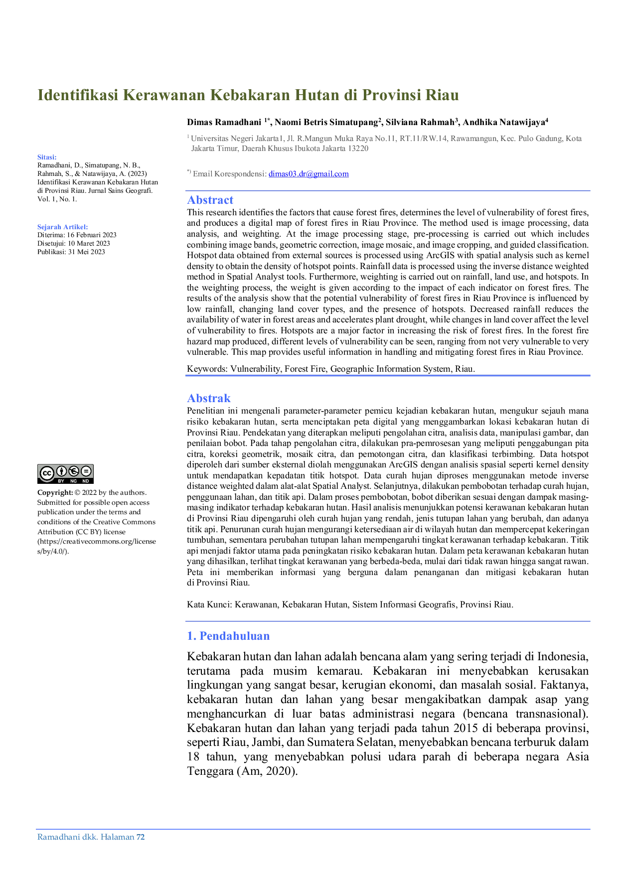 JURIS Identifikasi Kerawanan Kebakaran Hutan di Provinsi Riau