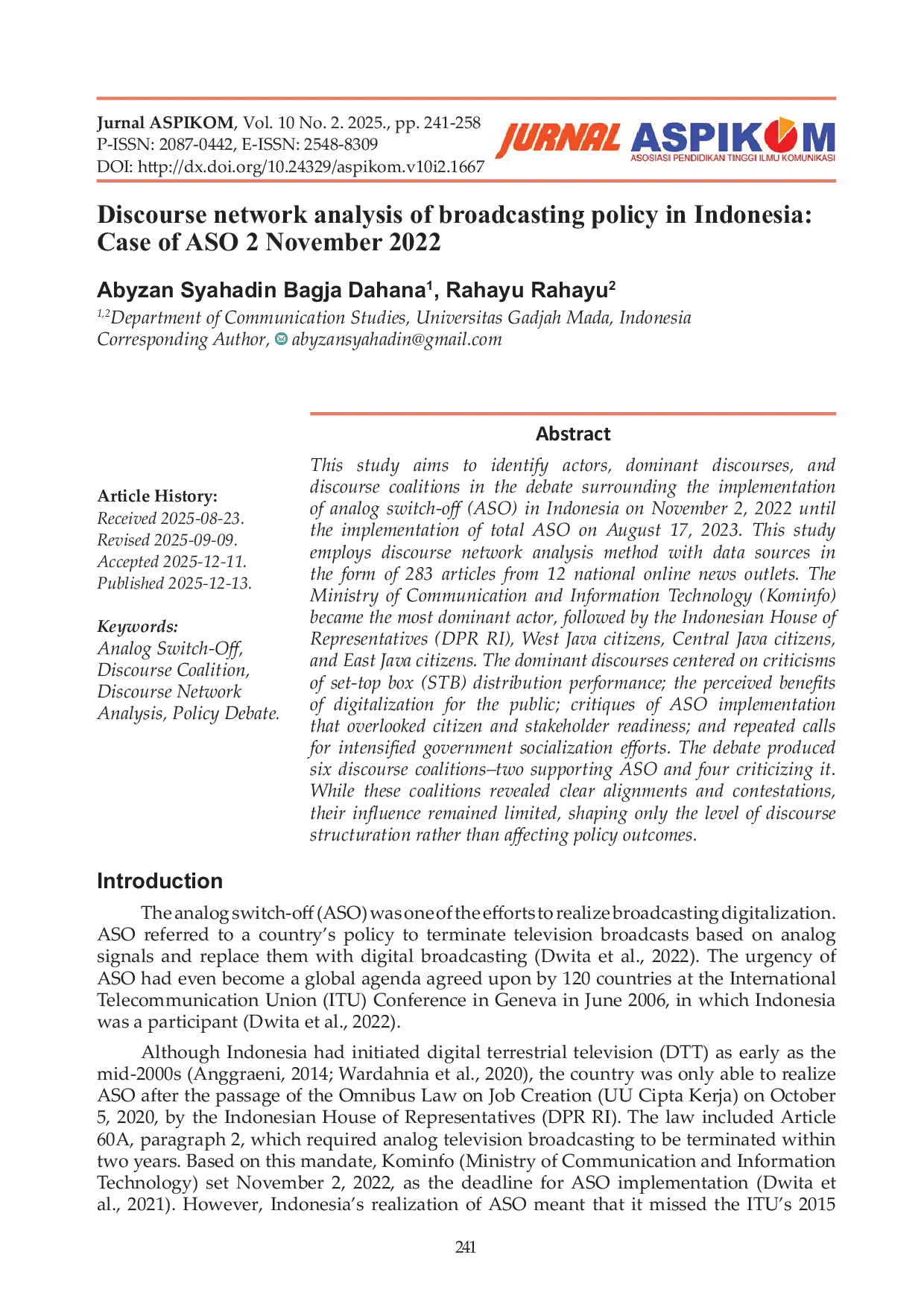 JURIS Discourse network analysis of broadcasting policy in Indonesia Case of ASO 2 November 2022