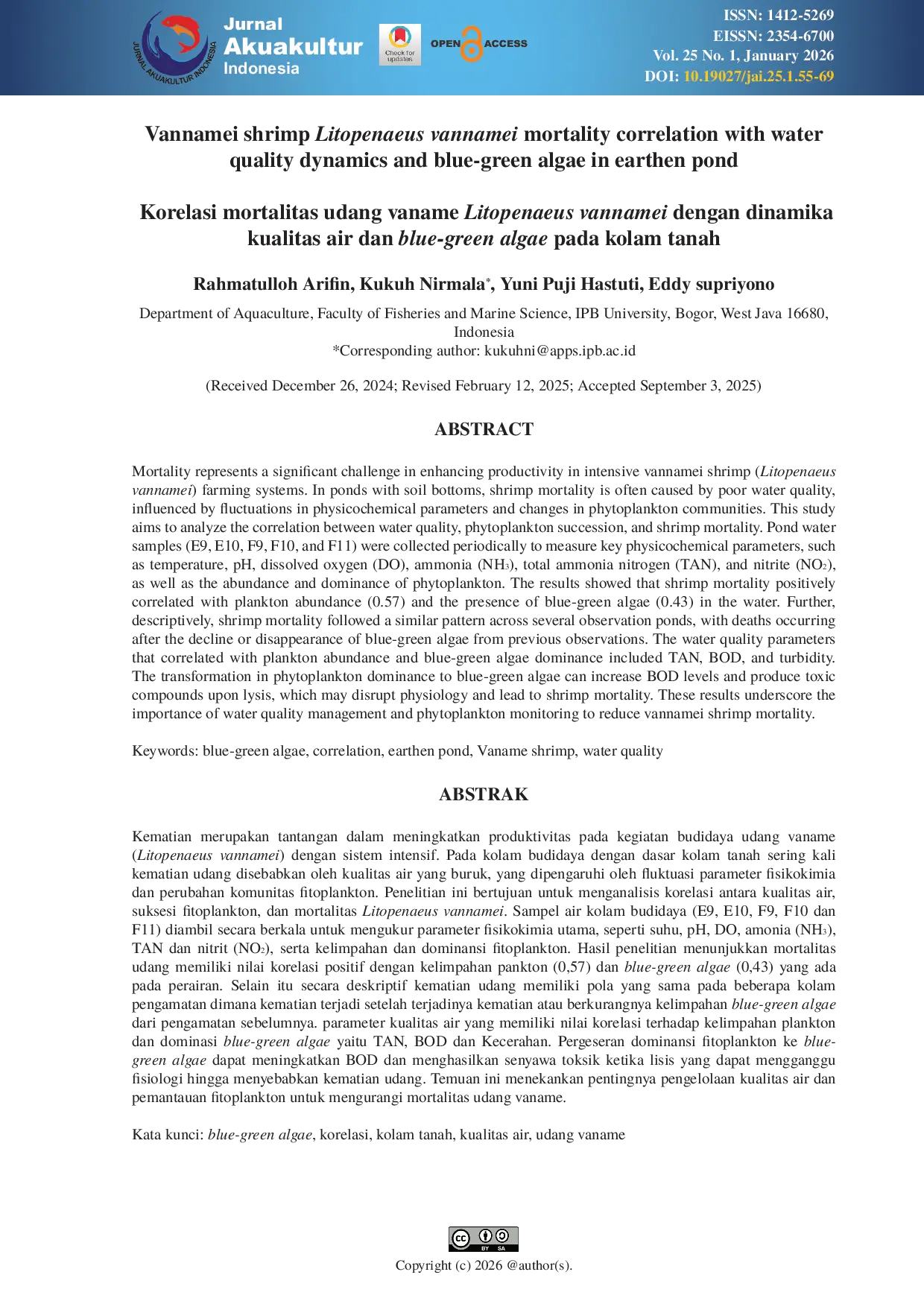 JURIS Vannamei shrimp Litopenaeus vannamei mortality correlation with water quality dynamics and blue green algae in earthen pond