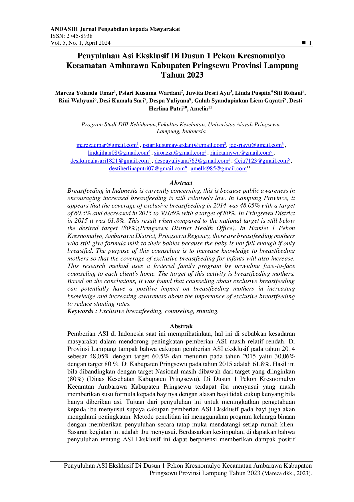 JURIS Penyuluhan Asi Eksklusif Di Dusun 1 Pekon Kresnomulyo Kecamatan Ambarawa Kabupaten Pringsewu Provinsi Lampung Tahun 2023