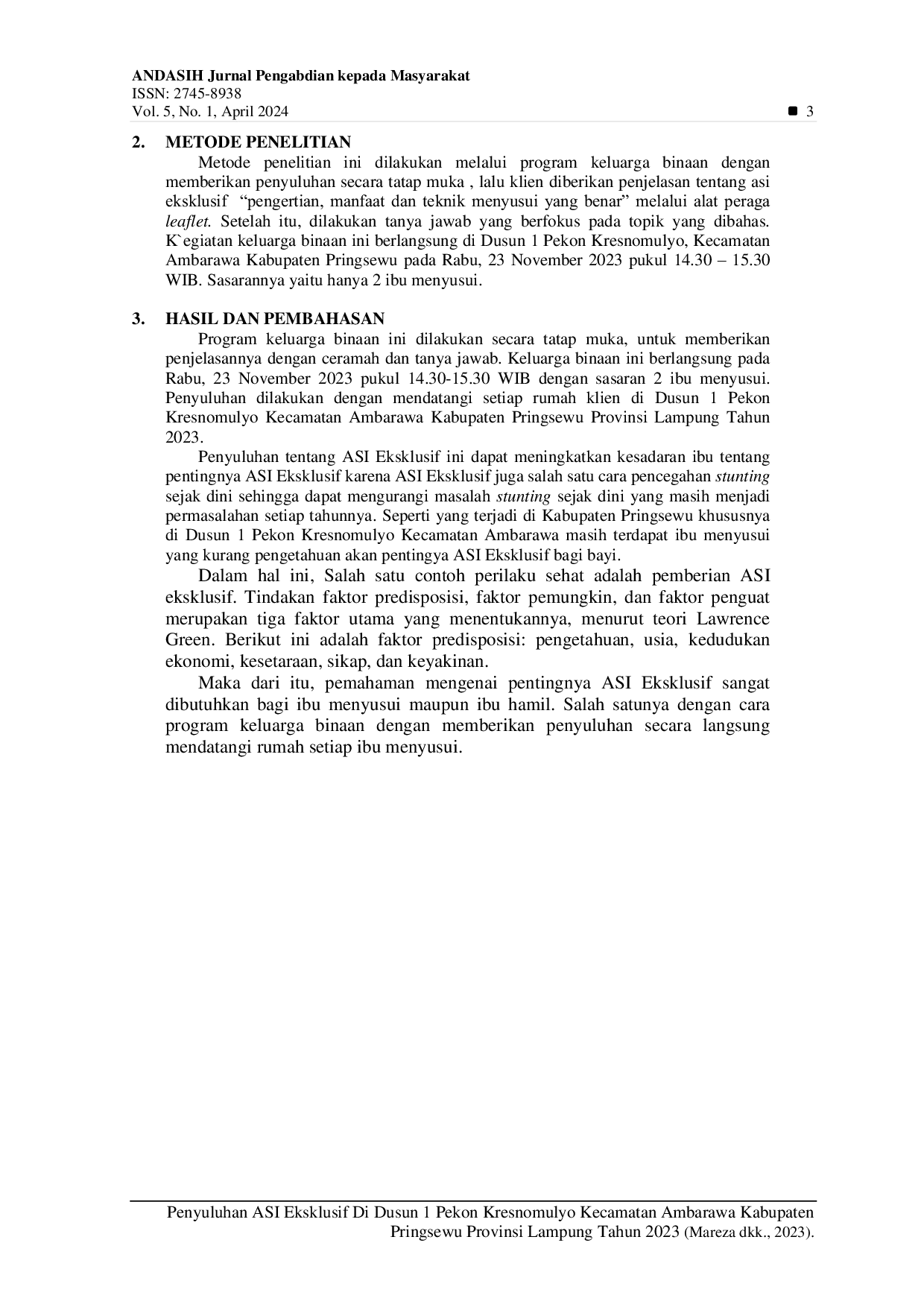 JURIS Penyuluhan Asi Eksklusif Di Dusun 1 Pekon Kresnomulyo Kecamatan Ambarawa Kabupaten Pringsewu Provinsi Lampung Tahun 2023