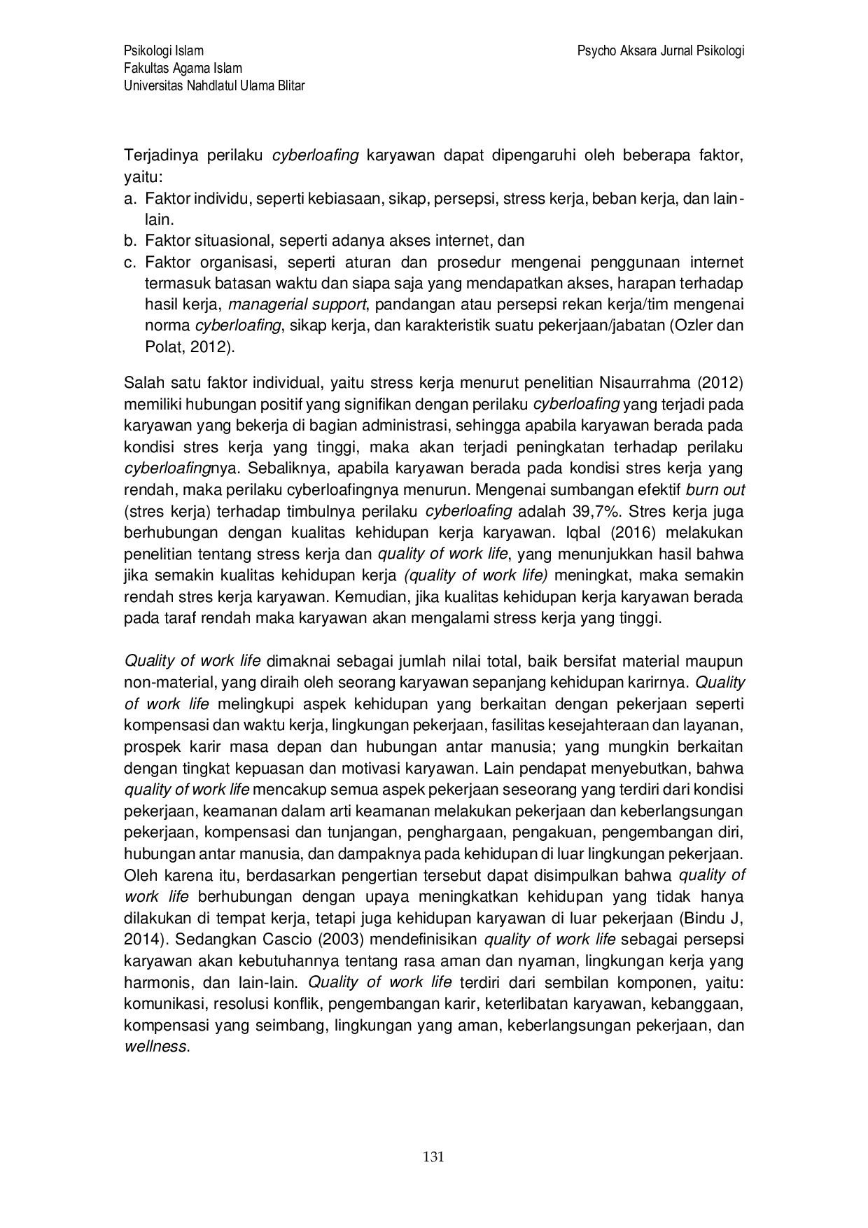 JURIS Quality Of Work Life dan Perilaku Cyberloafing Pada Karyawan
