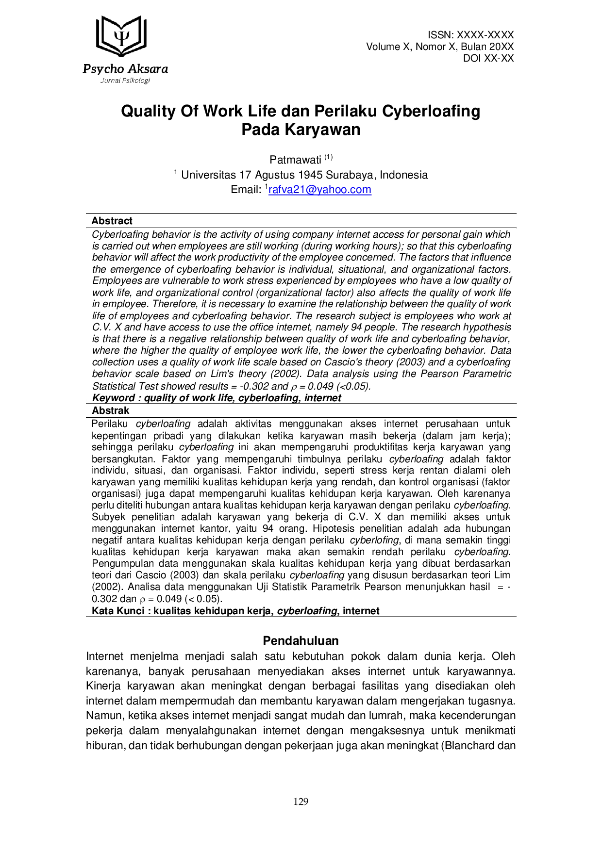 JURIS Quality Of Work Life dan Perilaku Cyberloafing Pada Karyawan