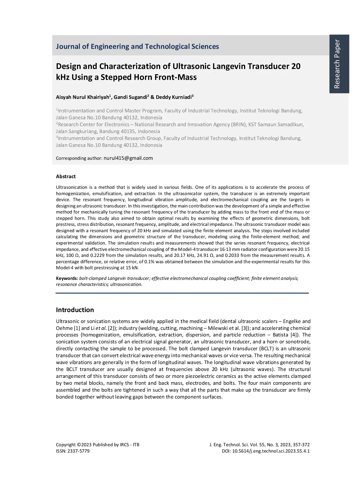 JURIS Design and Characterization of Ultrasonic Langevin Transducer 20 kHz Using a Stepped Horn Front Mass