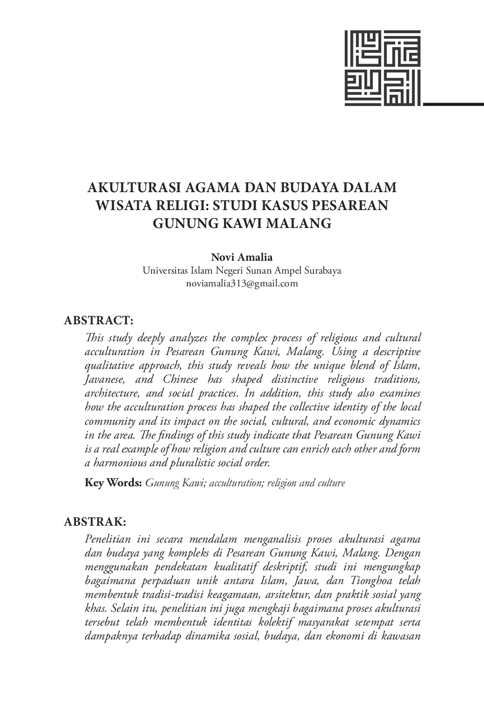 JURIS Akulturasi Agama dan Budaya dalam Wisata Religi Studi Kasus Pesarean Gunung Kawi Malang