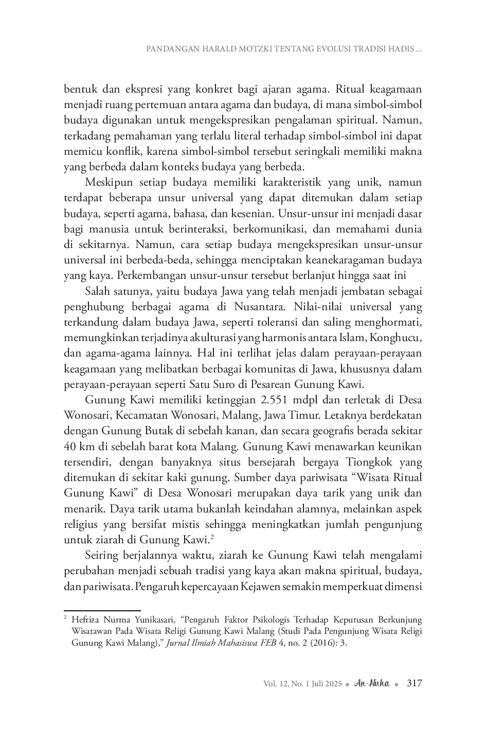 JURIS Akulturasi Agama dan Budaya dalam Wisata Religi Studi Kasus Pesarean Gunung Kawi Malang