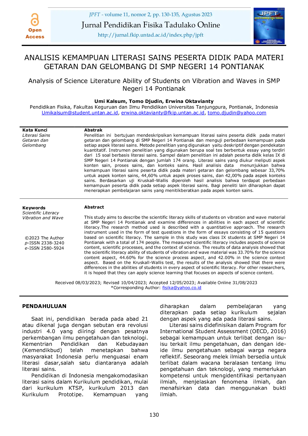 JURIS Analisis Kemampuan Literasi Sains Peserta Didik pada Materi Getaran dan Gelombang di SMP Negeri 14 Pontianak