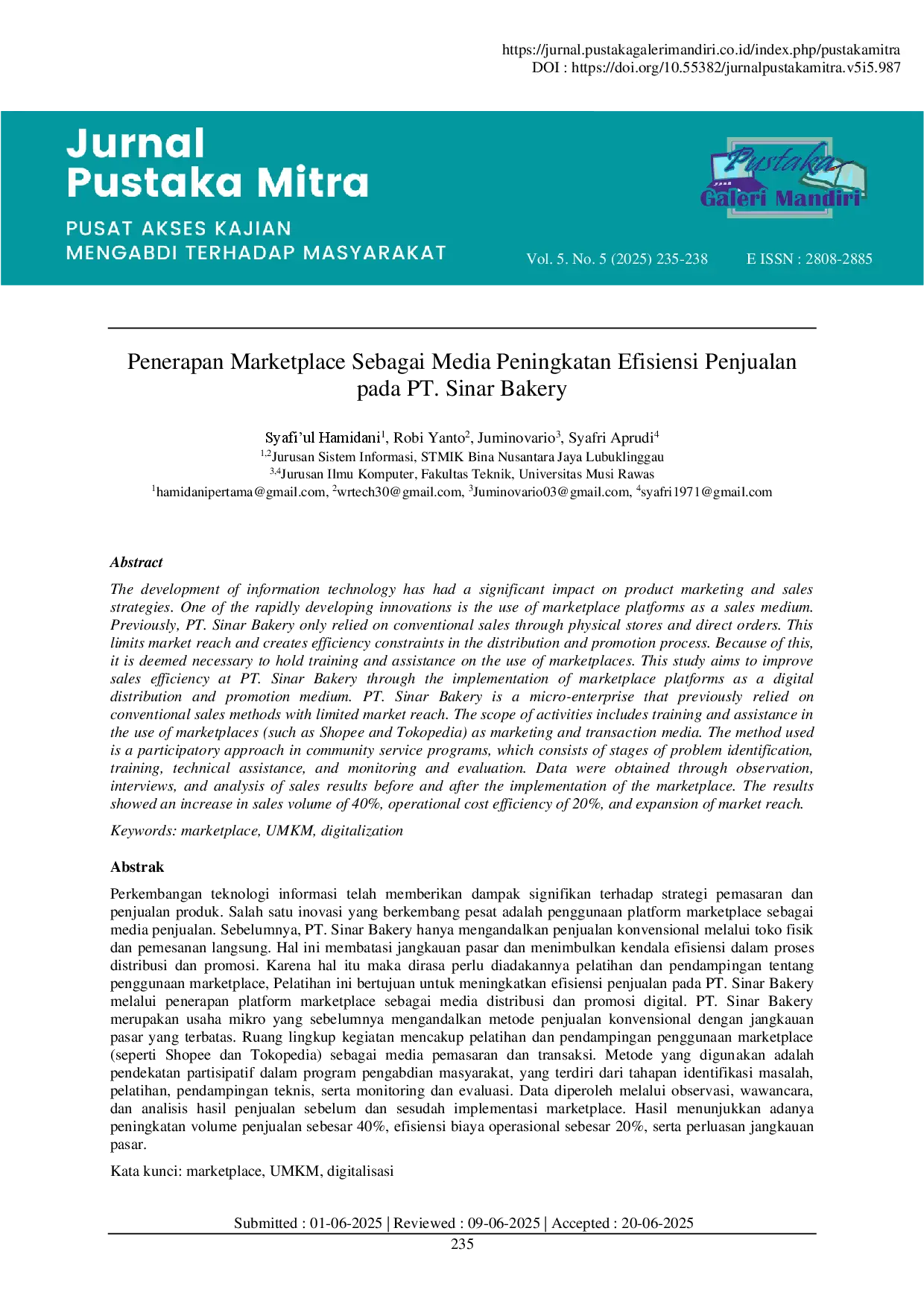 juris Penerapan Marketplace Sebagai Media Peningkatan Efisiensi Penjualan pada PT Sinar Bakery