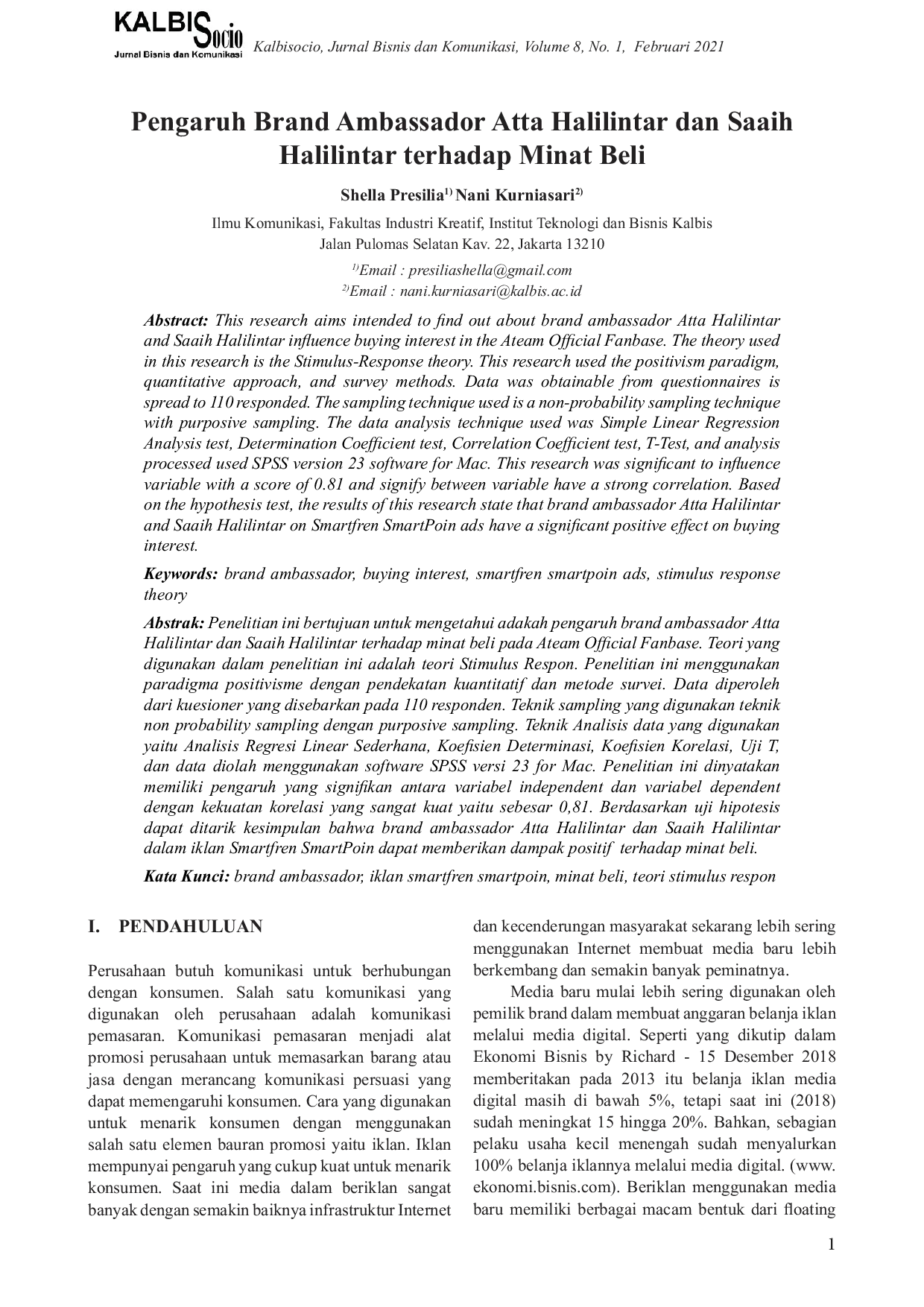 JURIS Pengaruh brand ambassador Atta Halilintar dan Saaih Halilintar terhadap minat beli