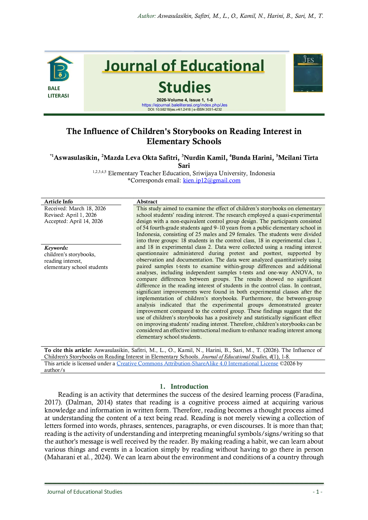 JURIS The Influence of Children s Storybooks on Reading Interest in Elementary Schools