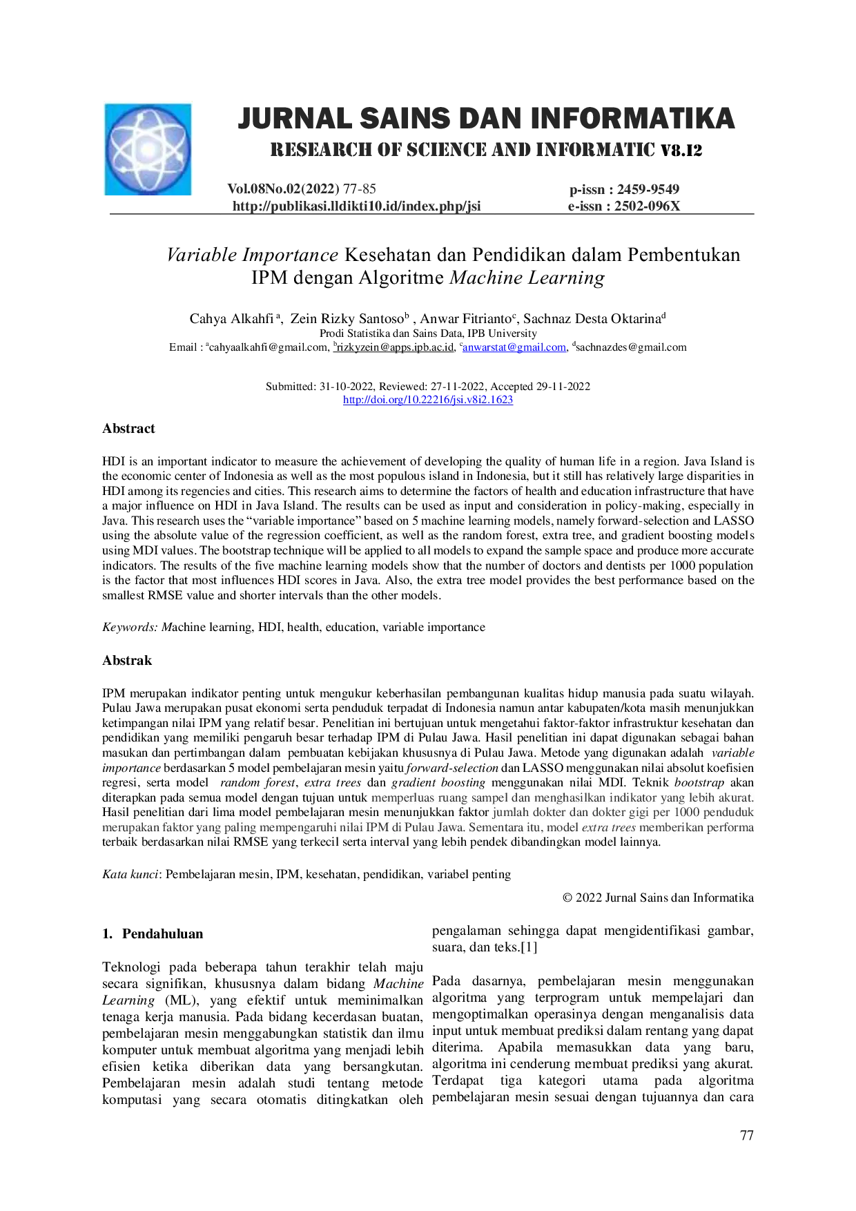JURIS Variable Importance Kesehatan dan Pendidikan dalam Pembentukan IPM dengan Algoritme Machine Learning