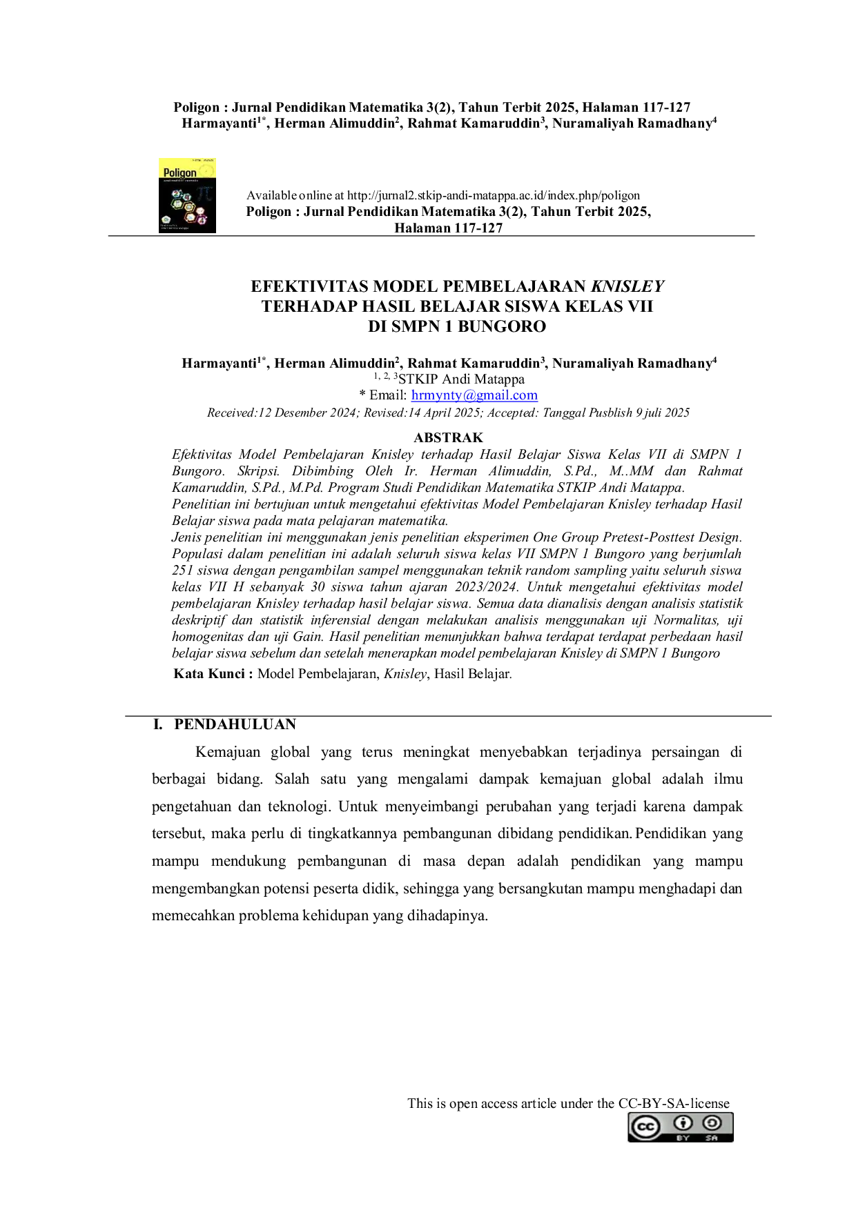 JURIS Efektivitas Model Pembelajaran Knisley Terhadap Hasil Belajar Siswa Kelas VII dI SMPN 1 Bungoro