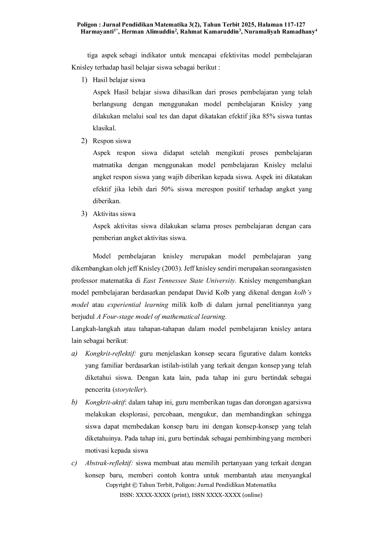 JURIS Efektivitas Model Pembelajaran Knisley Terhadap Hasil Belajar Siswa Kelas VII dI SMPN 1 Bungoro