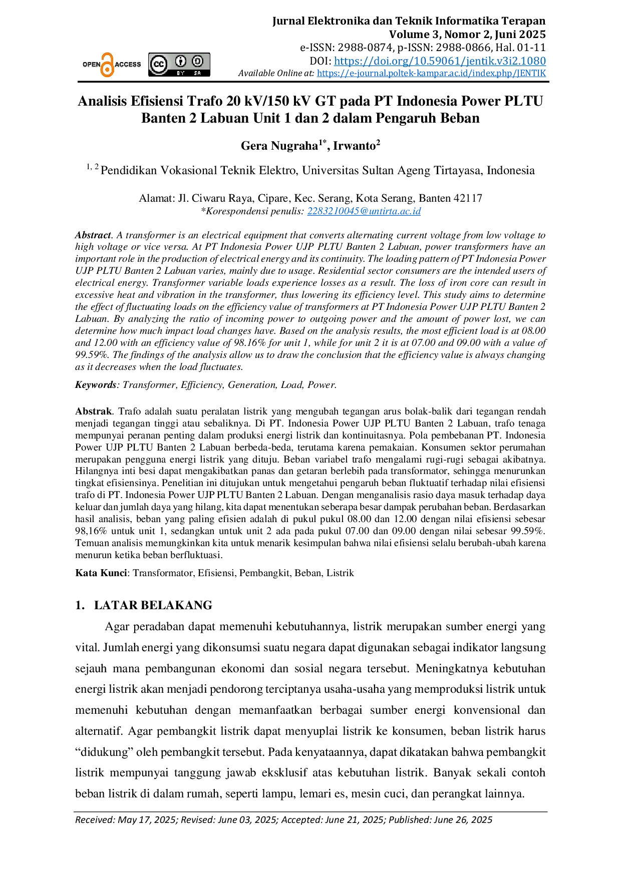 JURIS Analisis Efisiensi Trafo 20 kV 150 kV GT pada PT Indonesia Power PLTU Banten 2 Labuan Unit 1 dan 2 dalam Pengaruh Beban