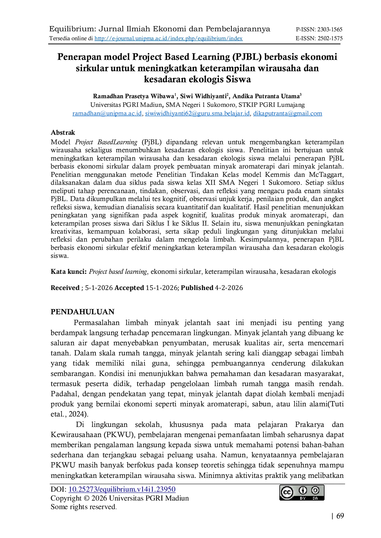 JURIS Penerapan model Project Based Learning PJBL berbasis ekonomi sirkular untuk meningkatkan keterampilan wirausaha dan kesadaran ekologis Siswa