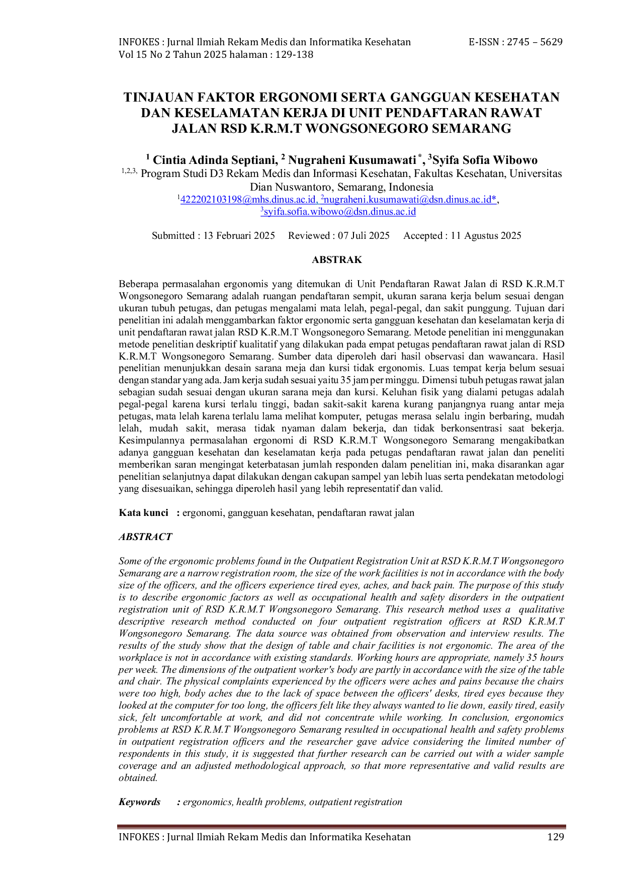 JURIS Tinjauan Faktor Ergonomi Serta Gangguan Kesehatan Dan Keselamatan Kerja Di Unit Pendaftaran Rawat Jalan RSD K R M T Wongsonogoro Semarang