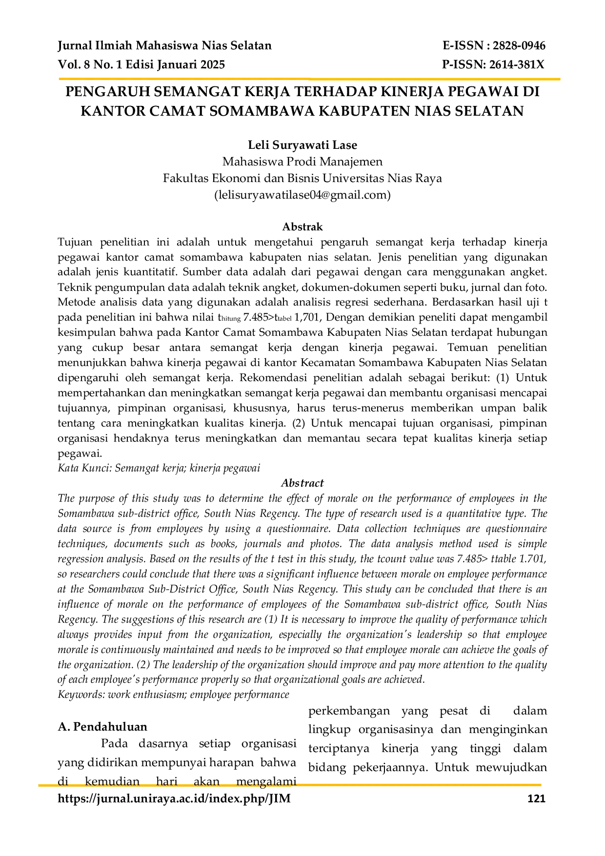JURIS Pengaruh Semangat Kerja Terhadap Kinerja Pegawai Di Kantor Camat Somambawa Kabupaten Nias Selatan