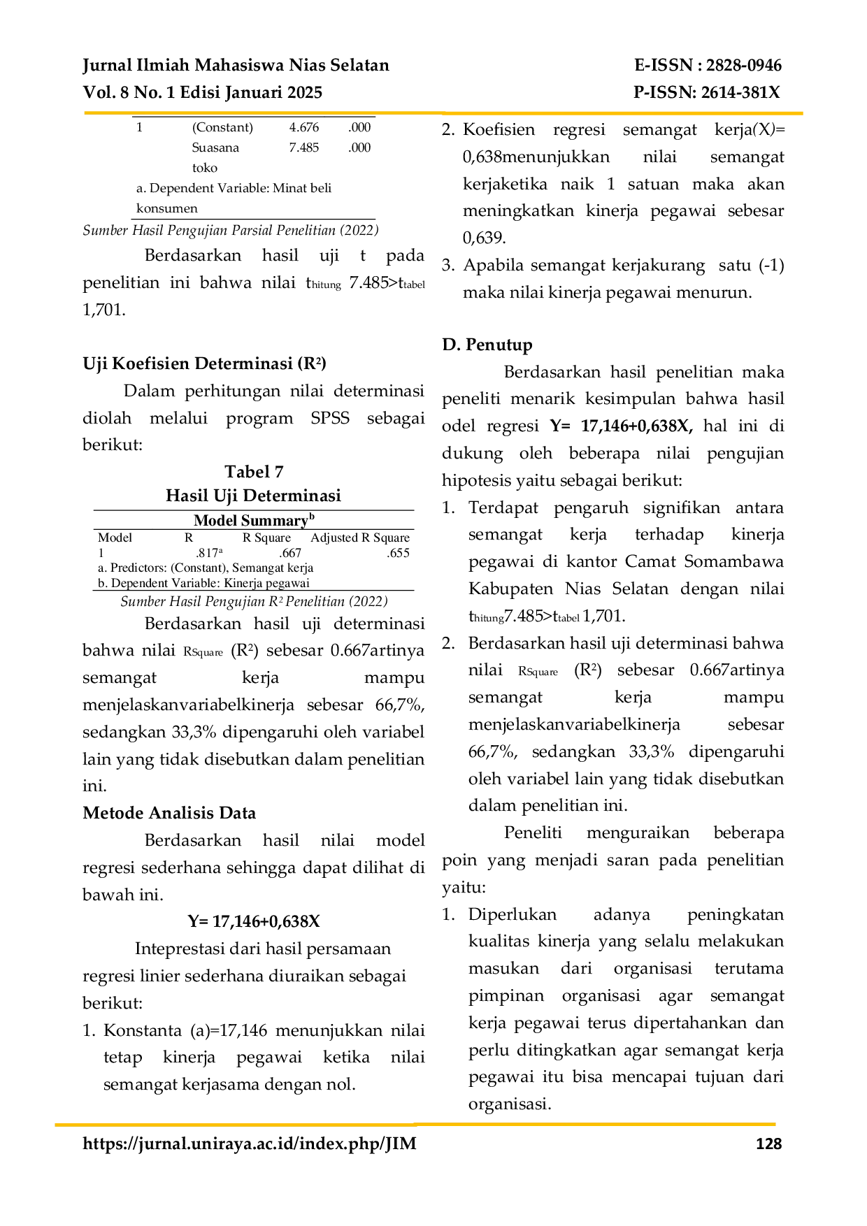 JURIS Pengaruh Semangat Kerja Terhadap Kinerja Pegawai Di Kantor Camat Somambawa Kabupaten Nias Selatan