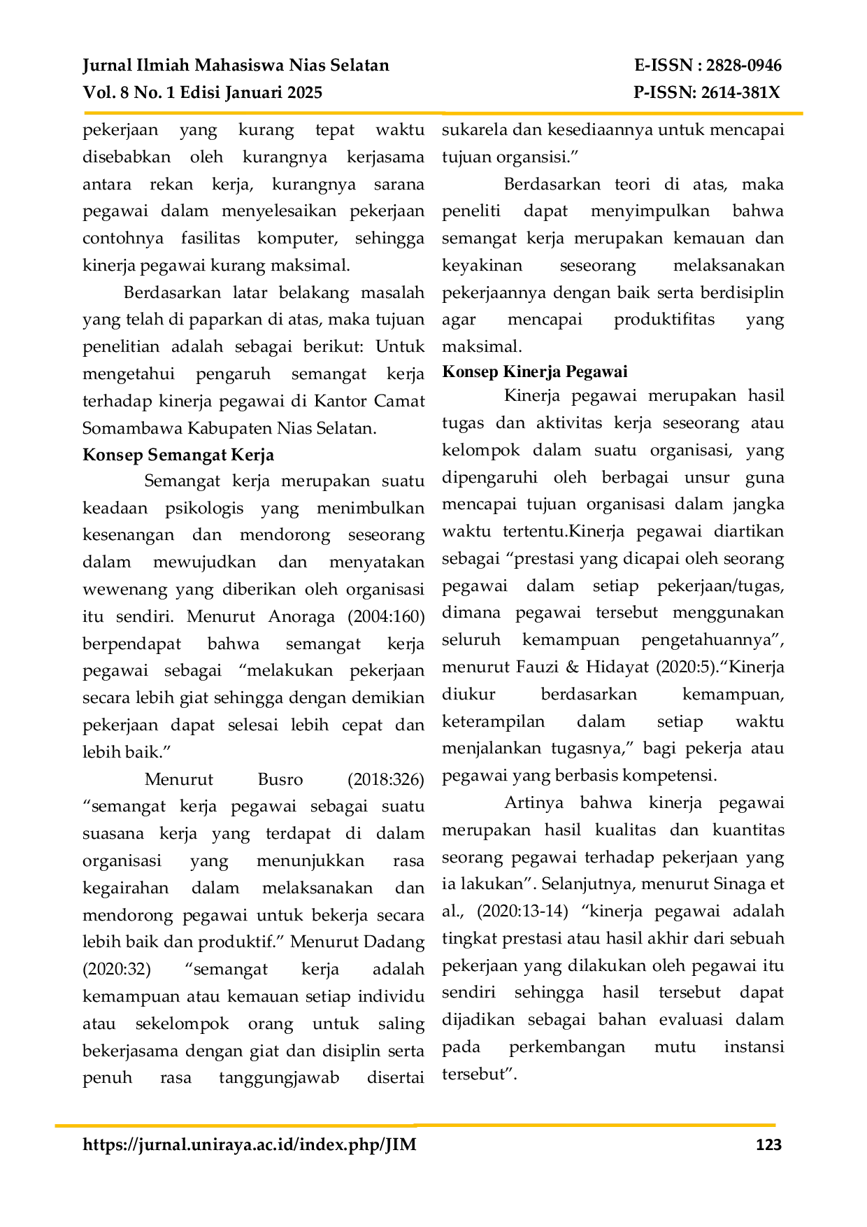 JURIS Pengaruh Semangat Kerja Terhadap Kinerja Pegawai Di Kantor Camat Somambawa Kabupaten Nias Selatan