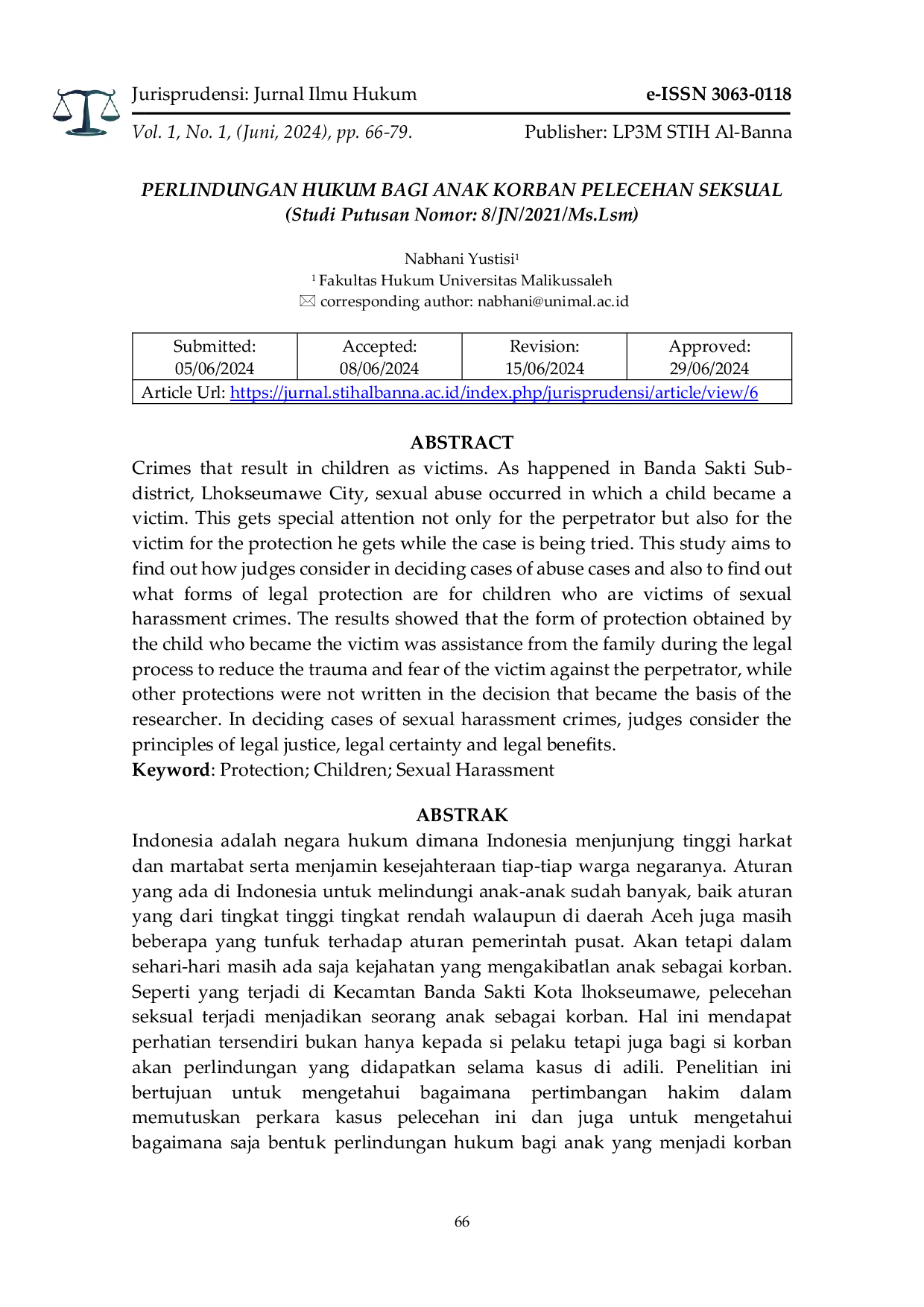 JURIS Perlindungan Hukum Bagi Anak Korban Pelecehan Seksual Studi Putusan Nomor 8 JN 2021 Ms Lsm
