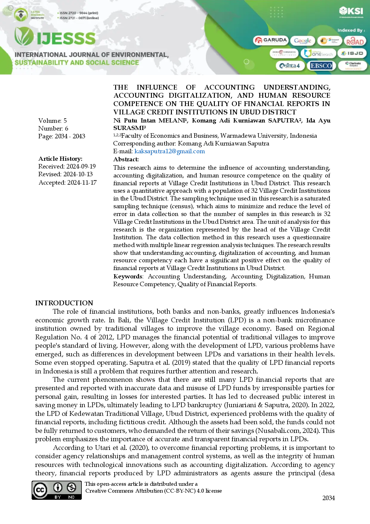juris The Influence of Accounting Understanding Accounting Digitalization and Human Resource Competence on the Quality of Financial Reports in Village Credit Institutions in Ubud District