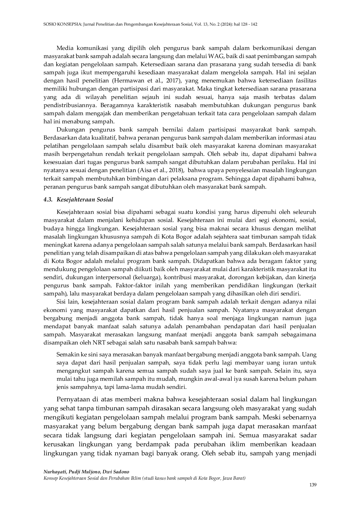 JURIS Konsep Kesejahteraan Sosial dan Perubahan Iklim Studi Kasus Bank Sampah di Kota Bogor Jawa Barat