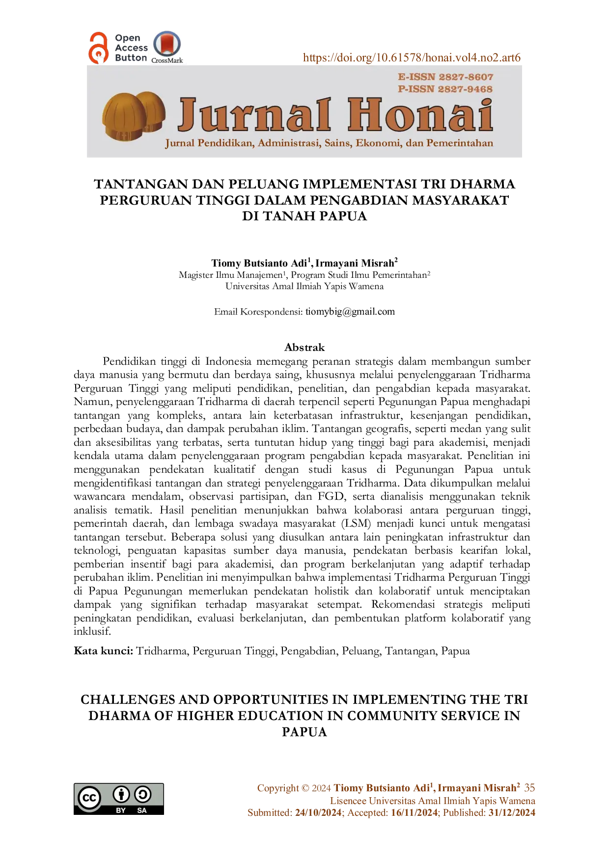 JURIS Tantangan Dan Peluang Implementasi Tri Dharma Perguruan Tinggi Dalam Pengabdian Masyarakat Di Tanah Papua