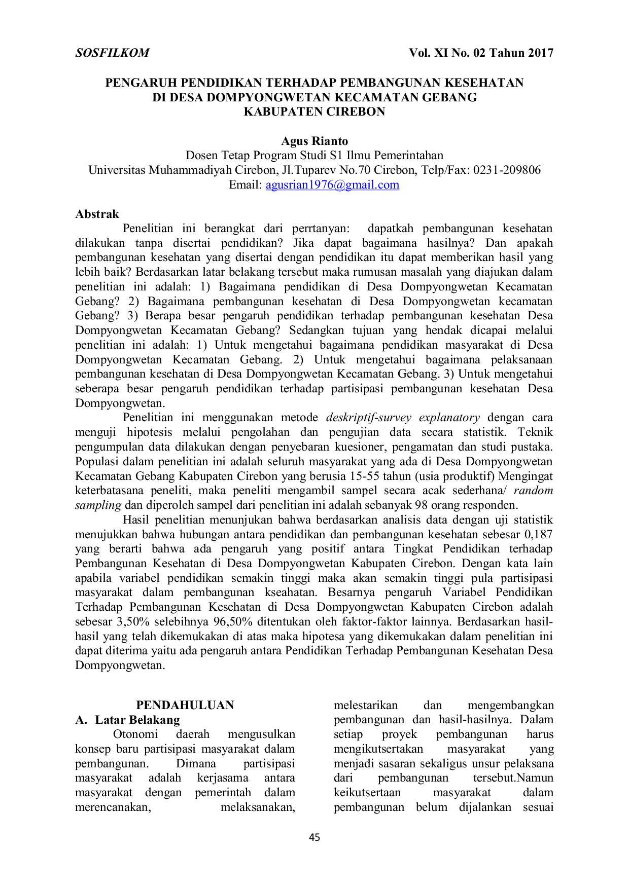 JURIS Pengaruh Pendidikan Terhadap Pembangunan Kesehatan Di Desa Dompyongwetan Kecamatan Gebang Kabupaten Cirebon