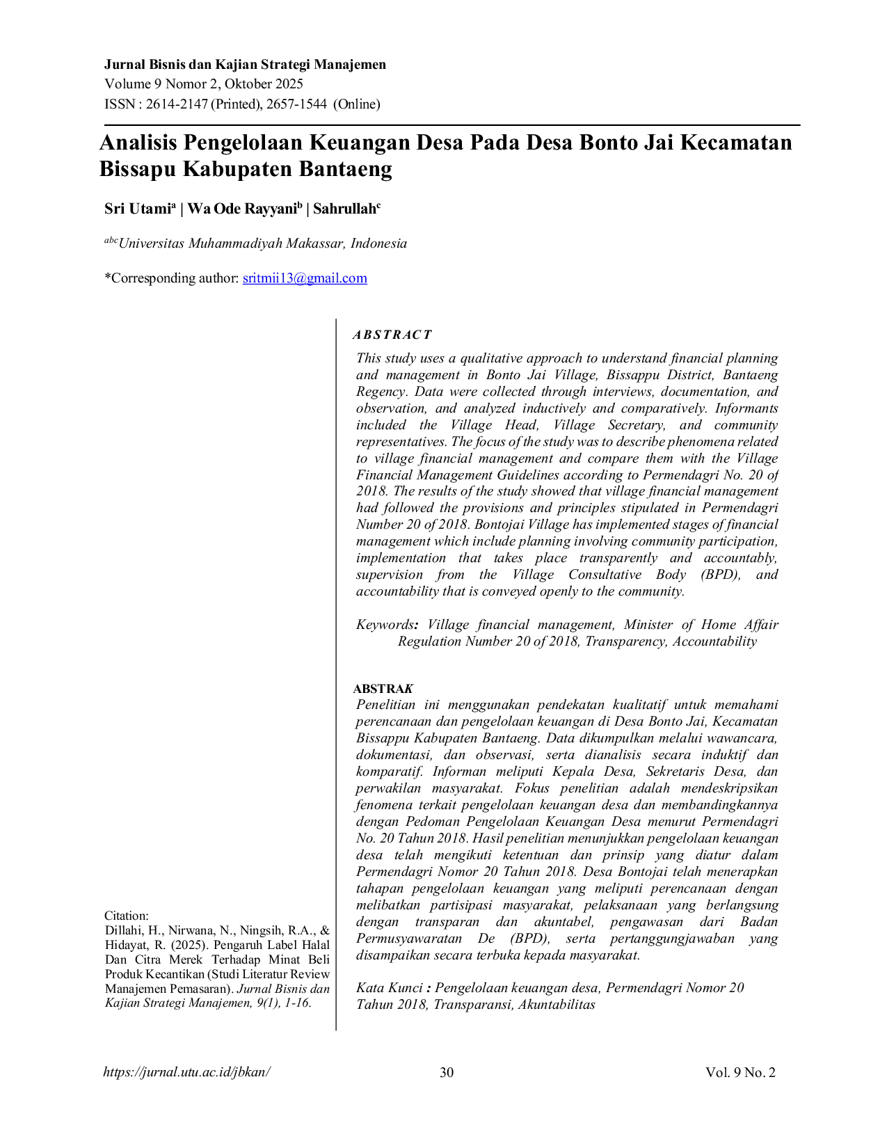 JURIS Analisis Pengelolaan Keuangan Desa Pada Desa Bonto Jai Kecamatan Bissapu Kabupaten Bantaeng