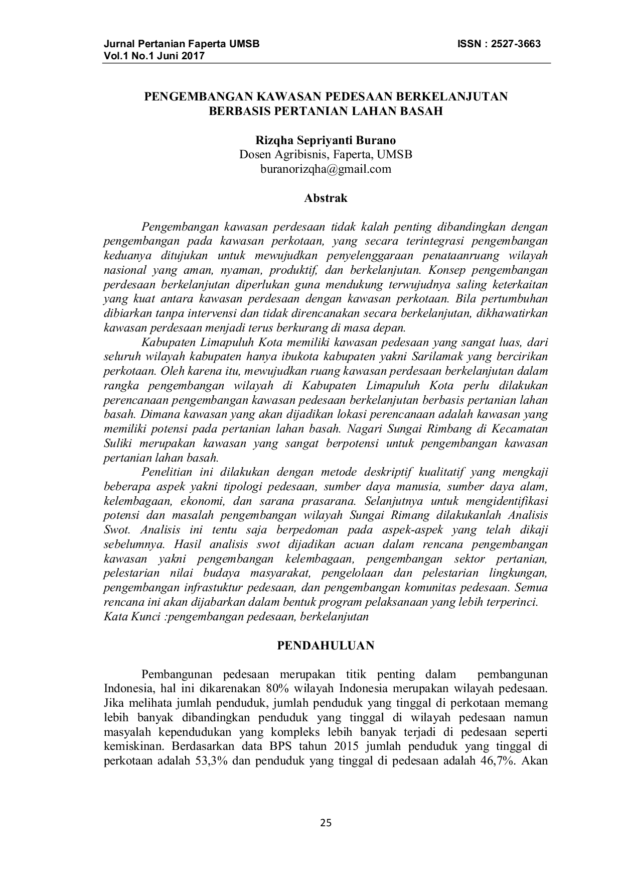 JURIS Pengembangan Kawasan Pedesaan Berkelanjutan Berbasis Pertanian Lahan Basah