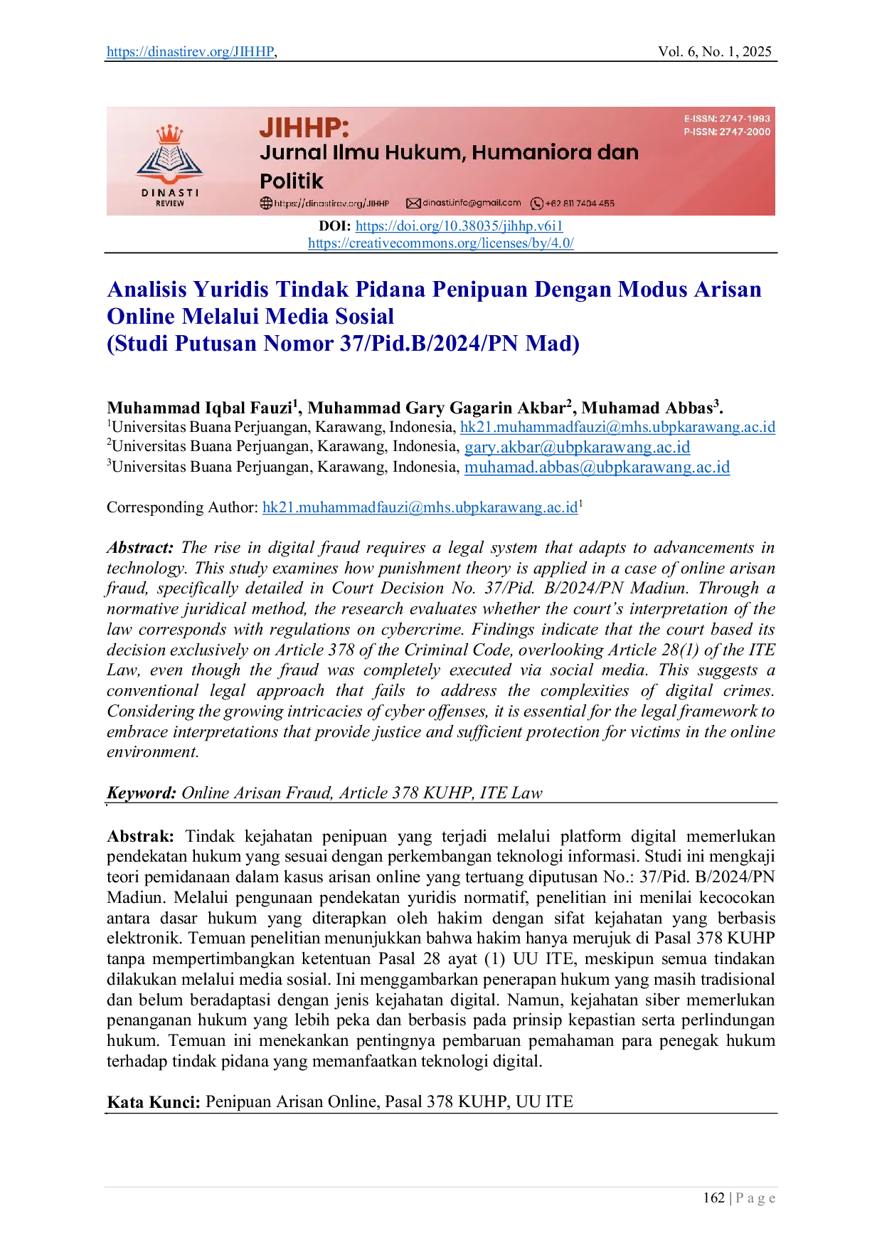 JURIS Analisis Yuridis Tindak Pidana Penipuan Dengan Modus Arisan Online Melalui Media Sosial Studi Putusan Nomor 37 Pid B 2024 PN Mad