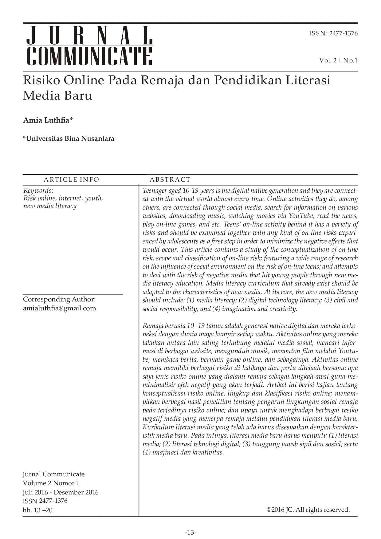 JURIS Risiko Online Pada Remaja dan Pendidikan Literasi Media Baru