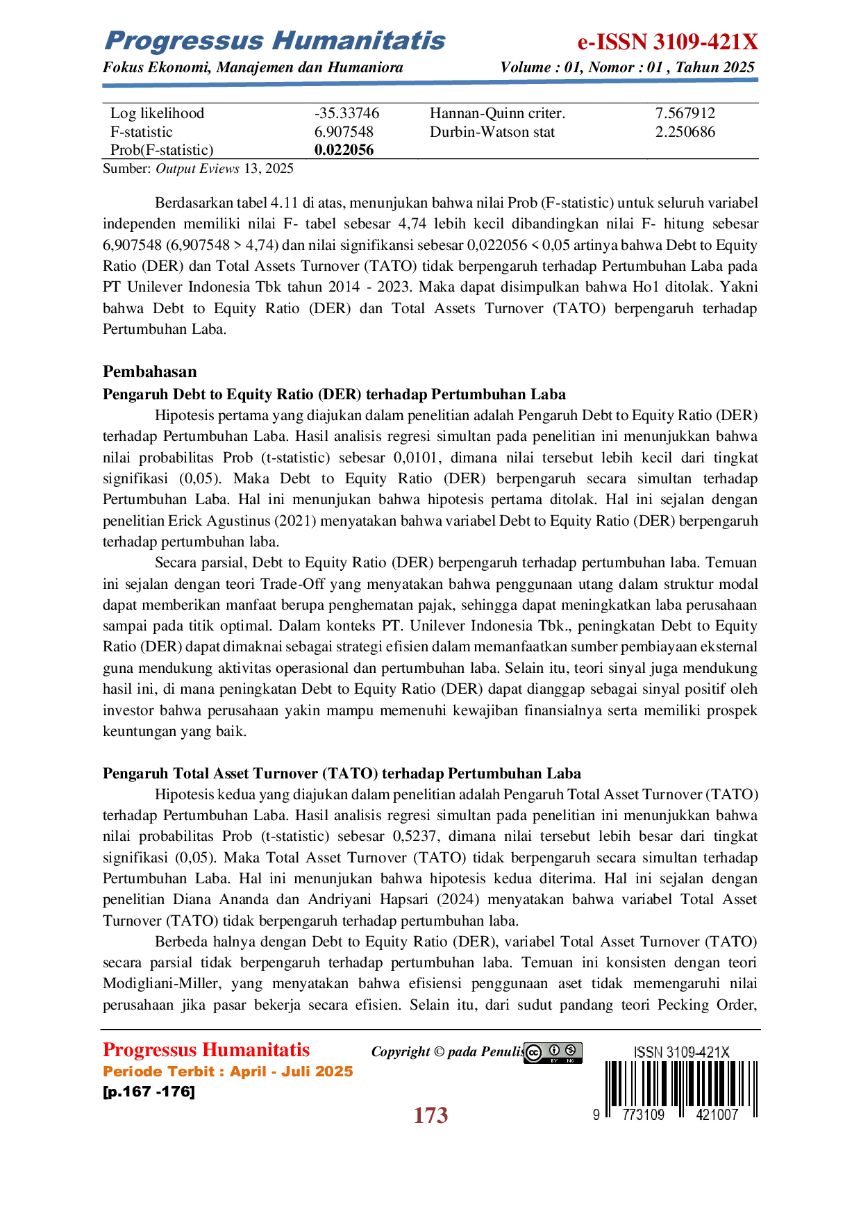 JURIS Pengaruh DER dan TATO terhadap Pertumbuhan Laba pada PT Unilever Indonesia Tbk Periode 2014 2023